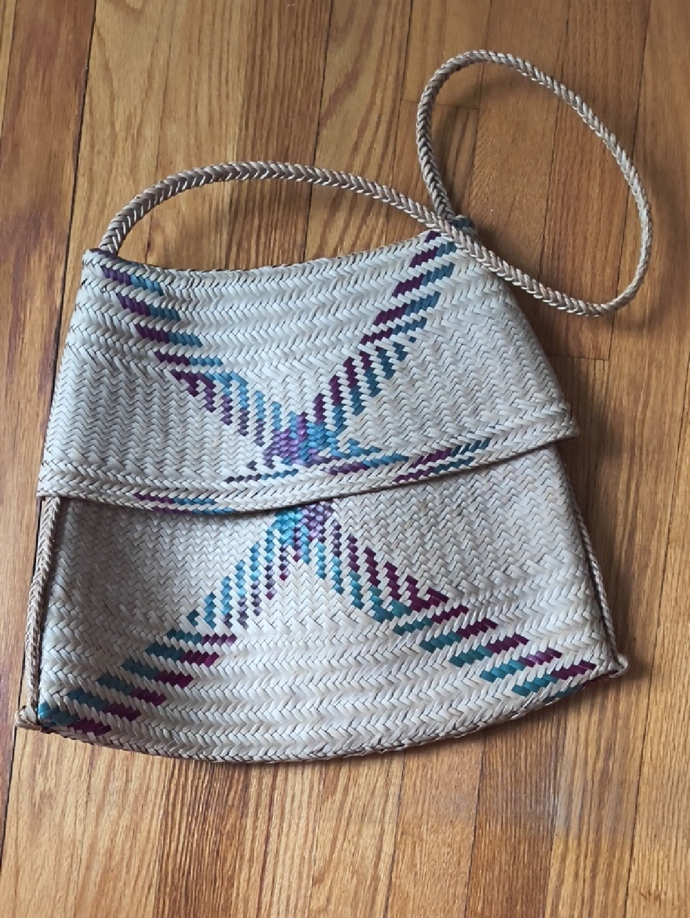 Handmade In Mozambique Woven Straw Bag with Teal & Purple Accent